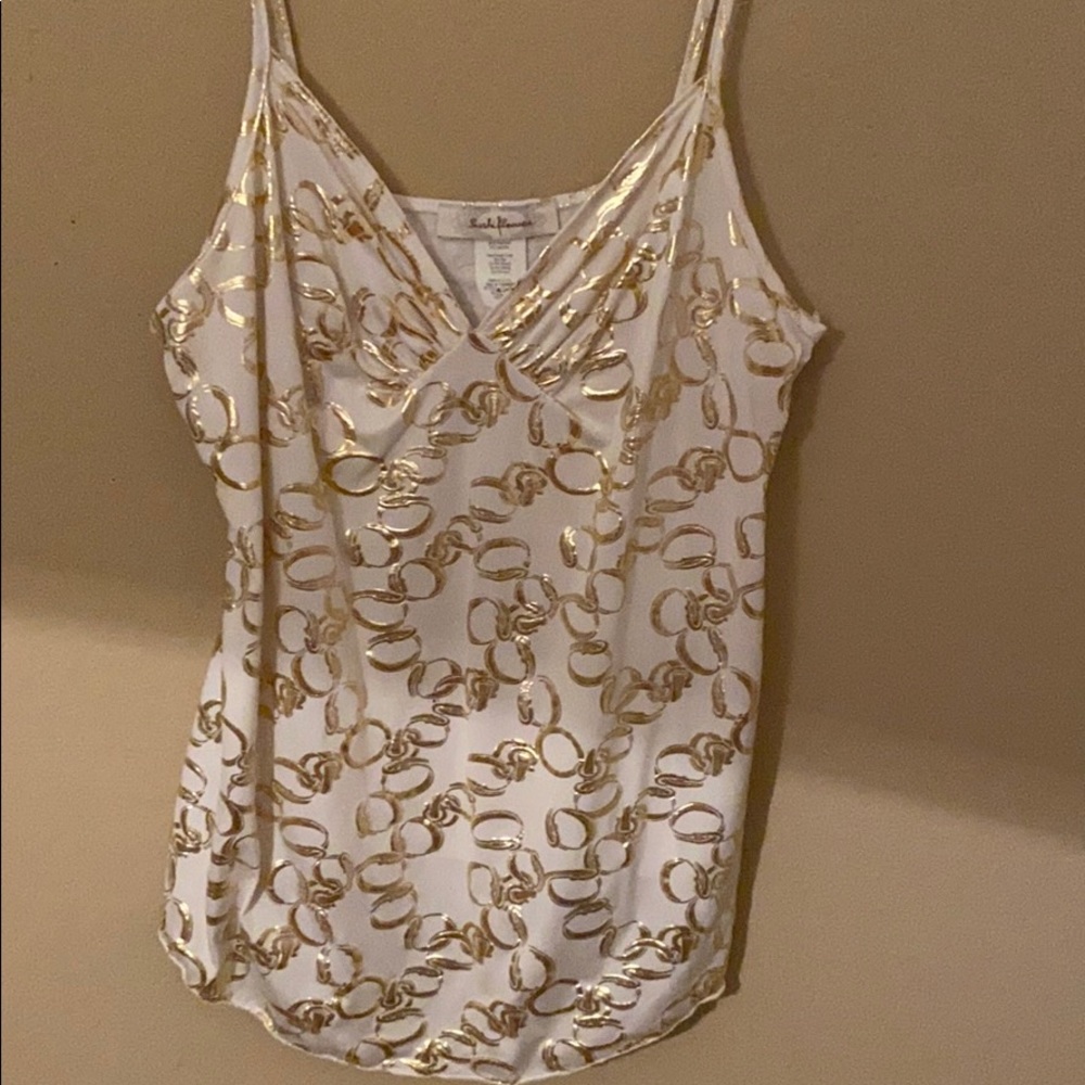 White spaghetti strap top w/metallic gold decor